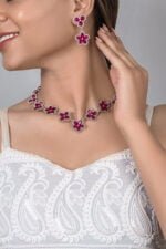 925 Silver Ruby Floral Necklace Set