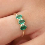925 Silver Triple Oval Emerald Diamond Ring