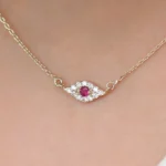 925 Silver Diamond and Ruby Evil Eye Necklace - Image 5