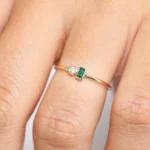 925 Silver Baguette Emerald and Diamond Ring