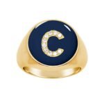 925 Silver Enamel Signet & Initial Diamond Ring